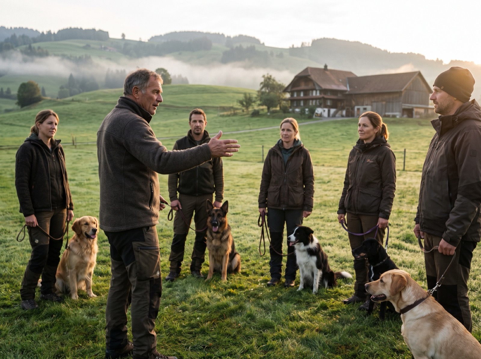 Ausbilder unterrichtet angehende Hundetrainer mit ihren Hunden in der Schweizer Landschaft