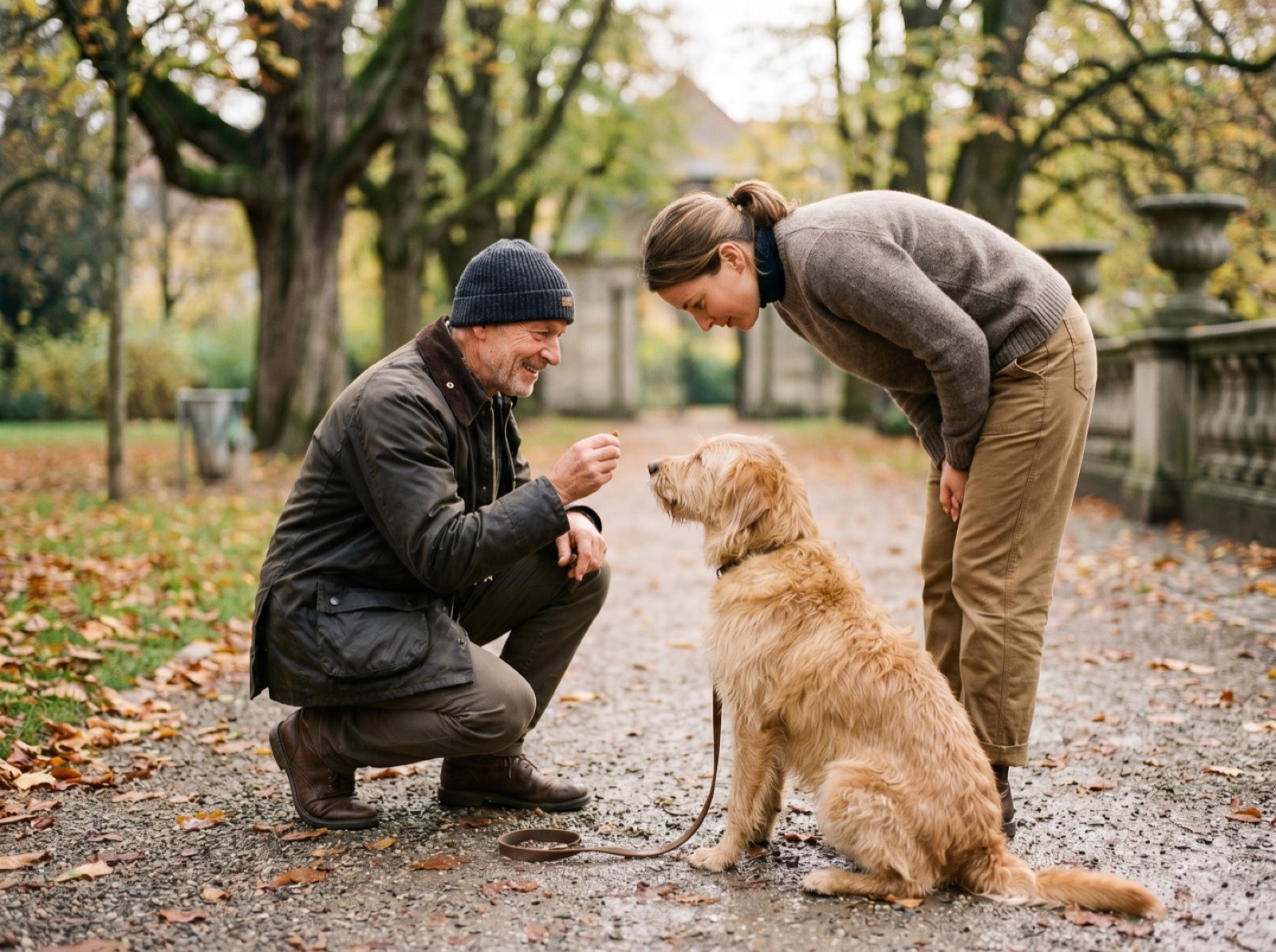 Hundetrainer und Hundehalterin im Einzeltraining mit Hund in einem Basler Park