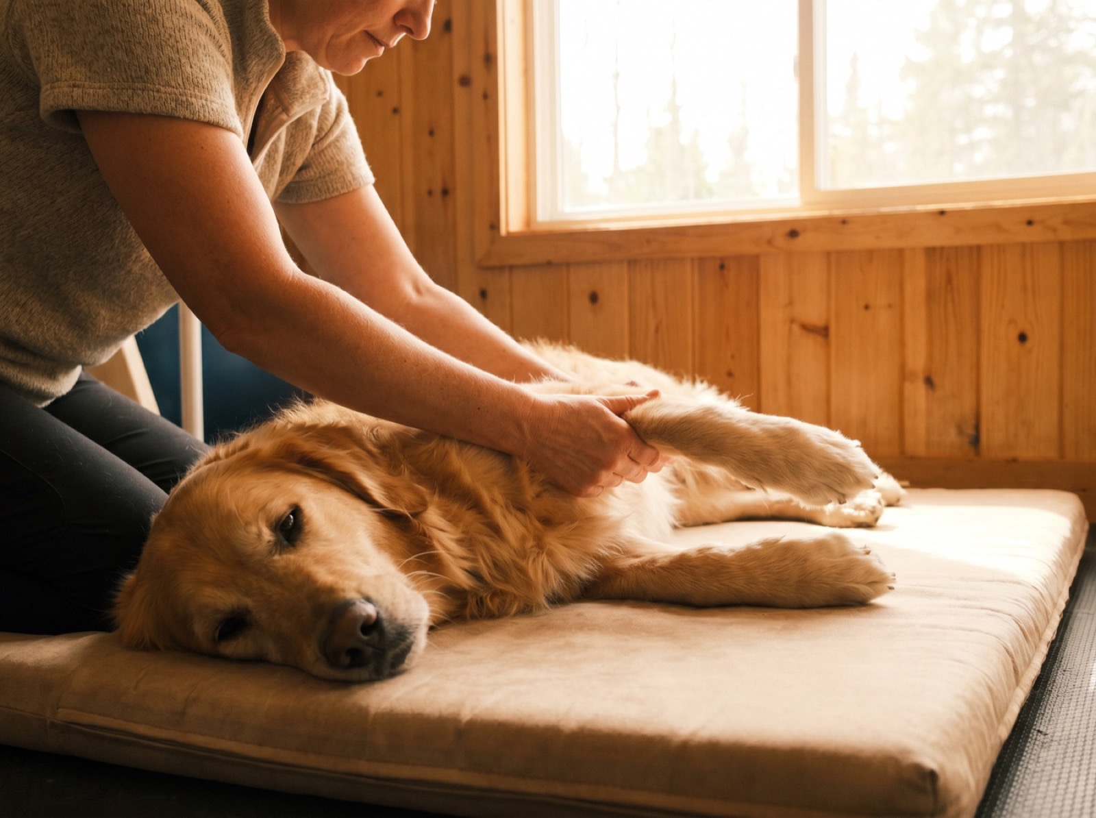 Hundephysiotherapeutin massiert das Hinterbein eines entspannten Golden Retrievers