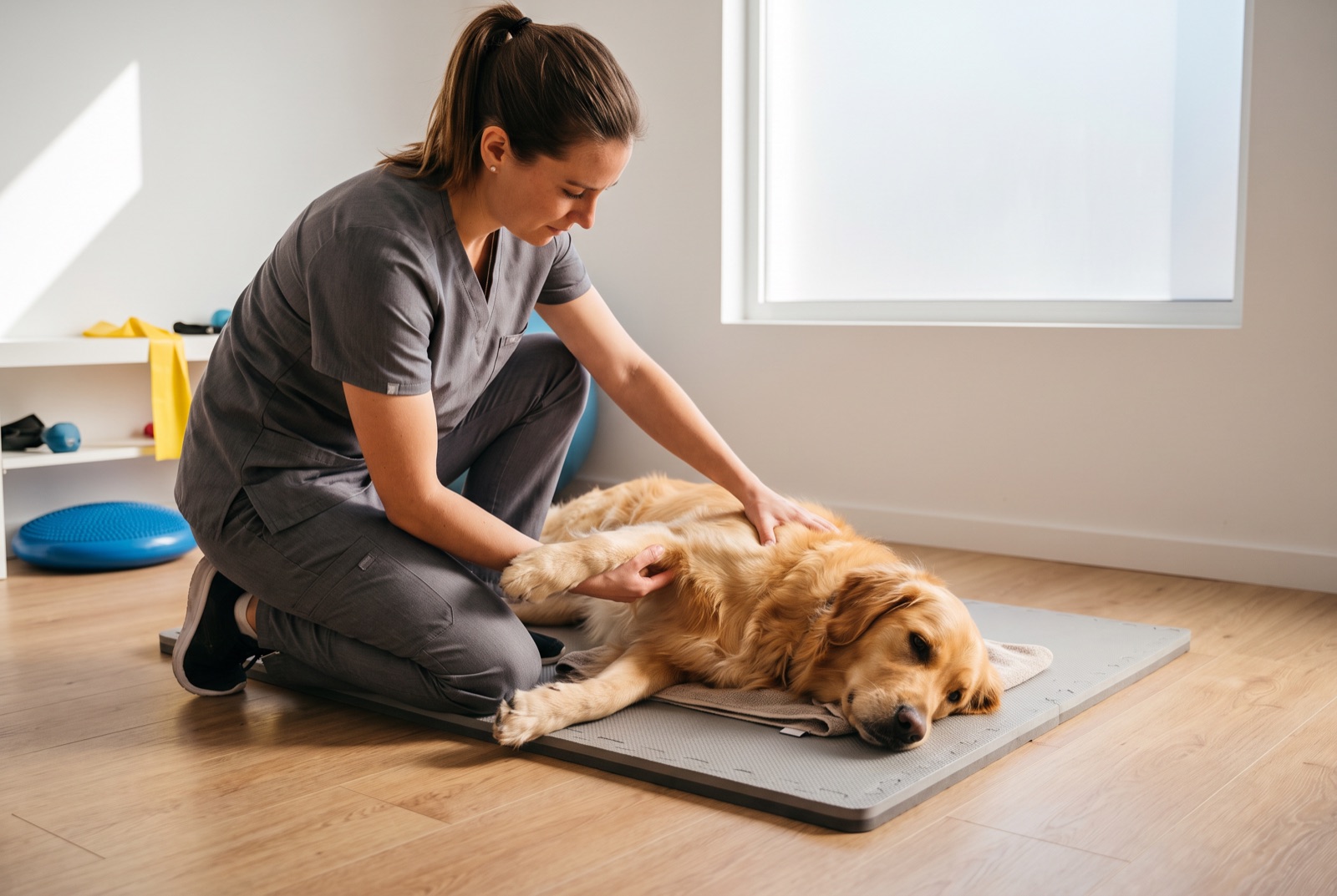 Hundephysiotherapeutin mobilisiert die Vorderpfote eines entspannten Golden Retrievers auf der Behandlungsmatte