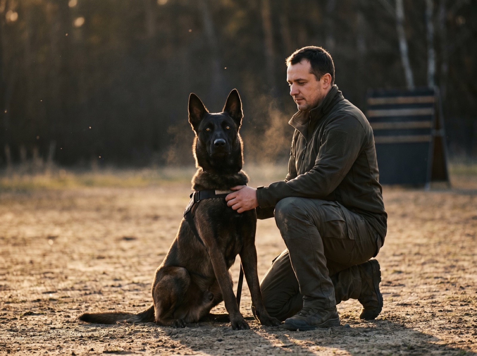 Ruhiger, konzentrierter Malinois-Schutzhund neben seinem Hundeführer im Abendlicht