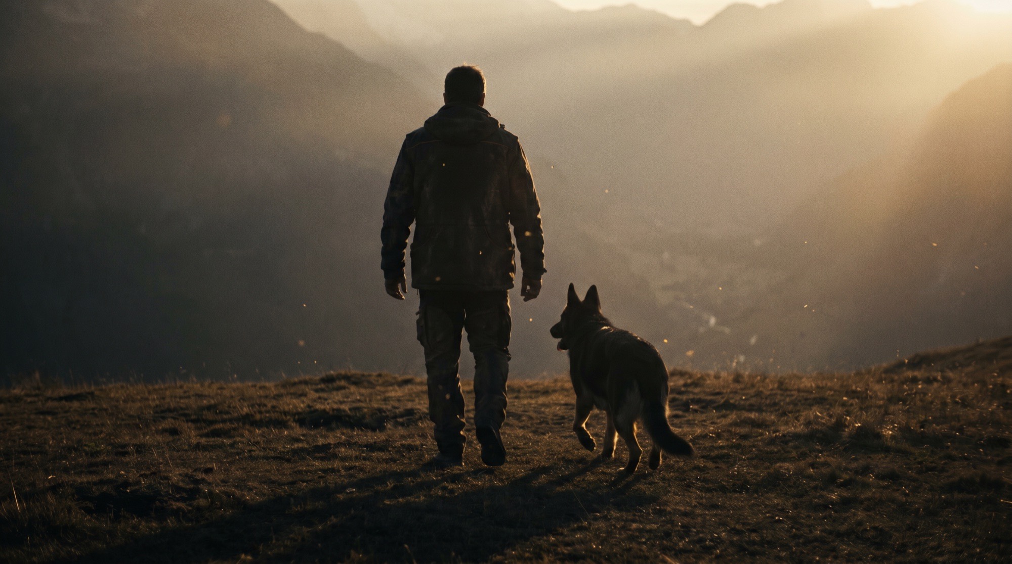 Hundetrainer mit Hund in Schweizer Landschaft