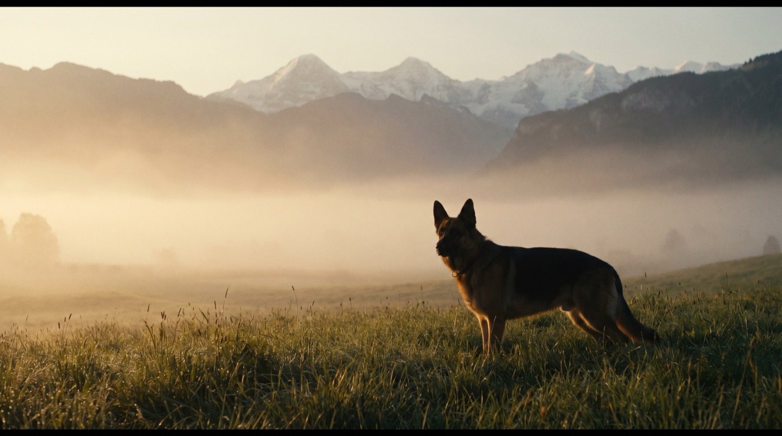 Hund vor den Schweizer Alpen im Morgennebel