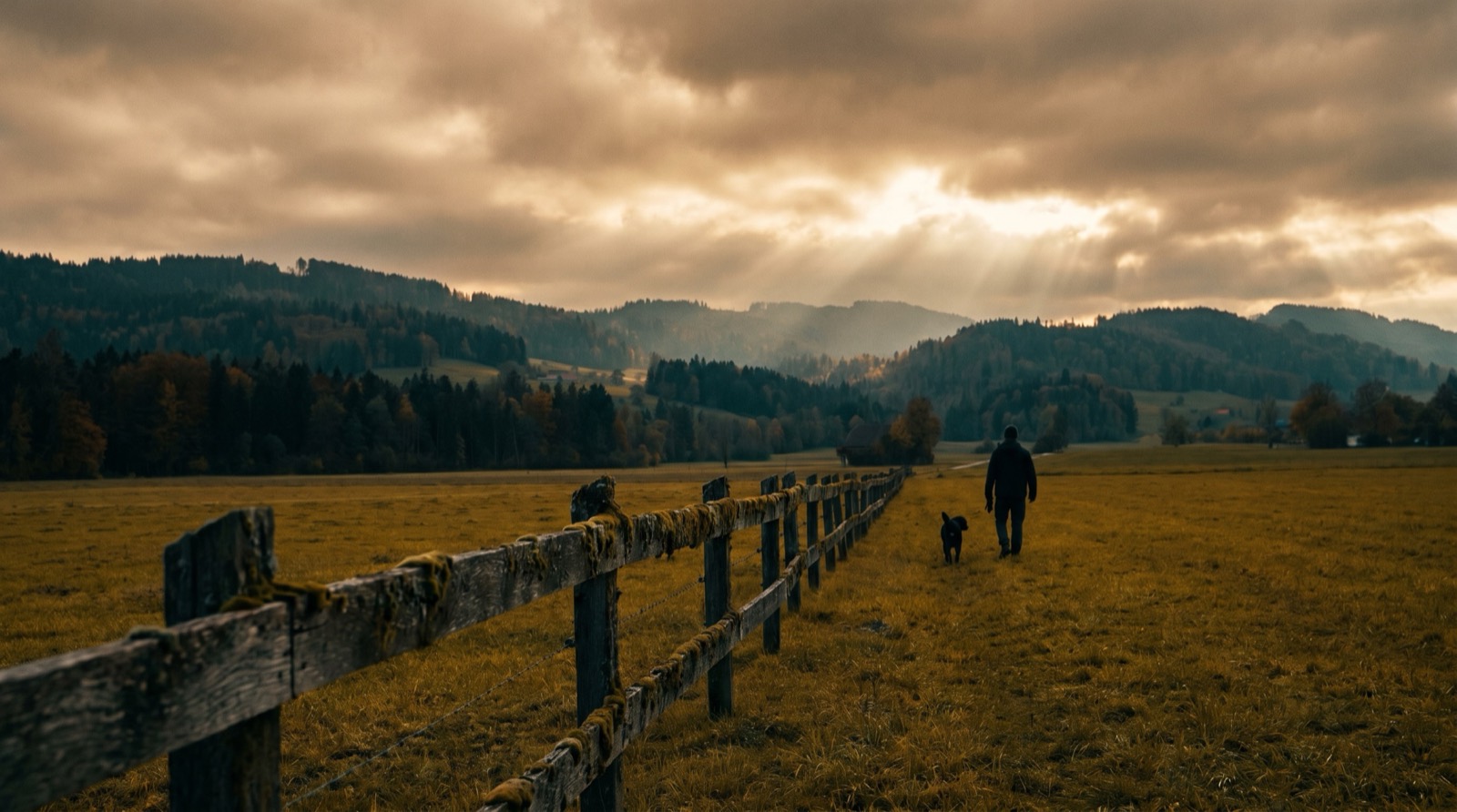 Hund und Halter auf einem herbstlichen Feldweg in der Schweiz