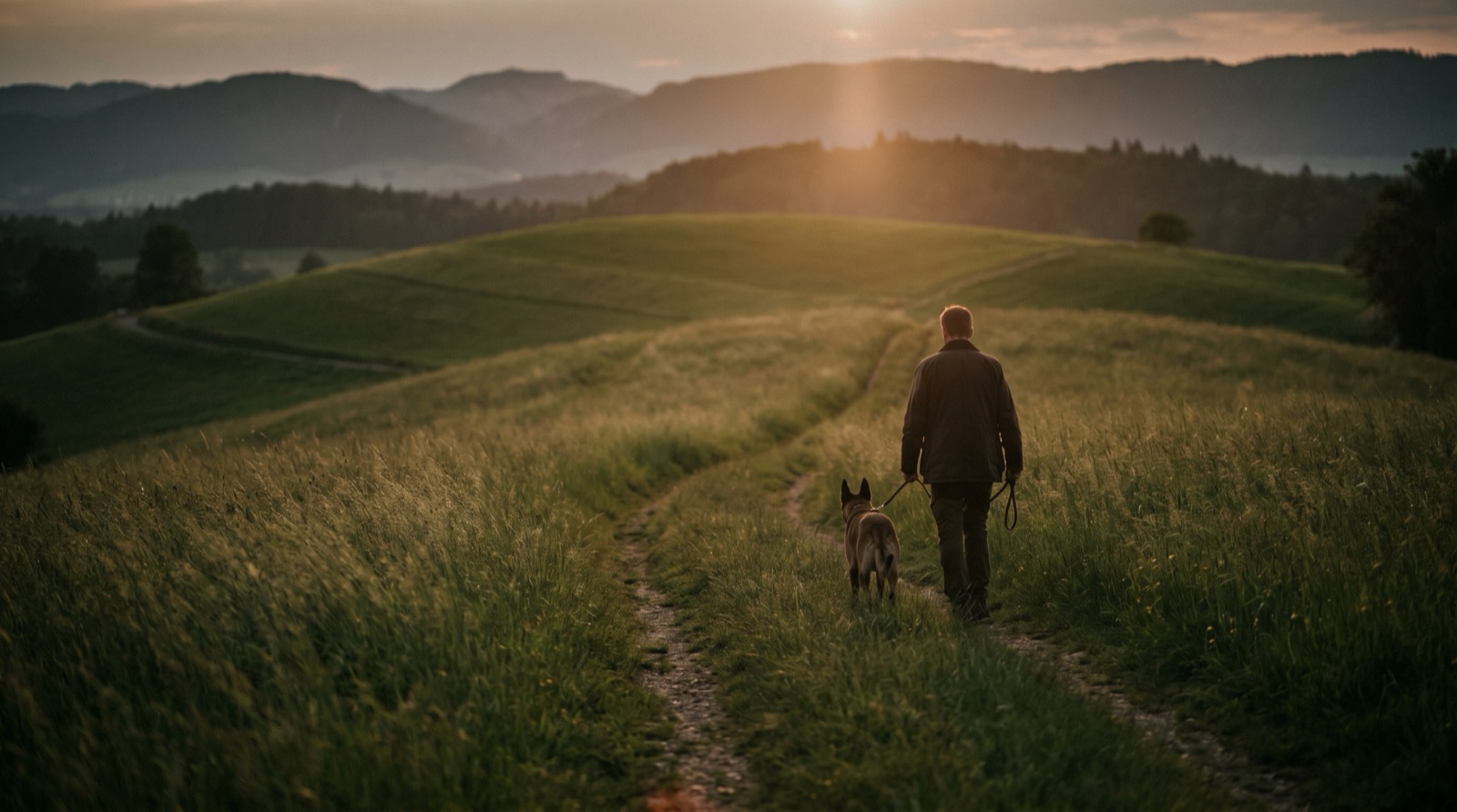 Hundetrainer mit Hund in der Schweizer Hügellandschaft bei Sonnenuntergang