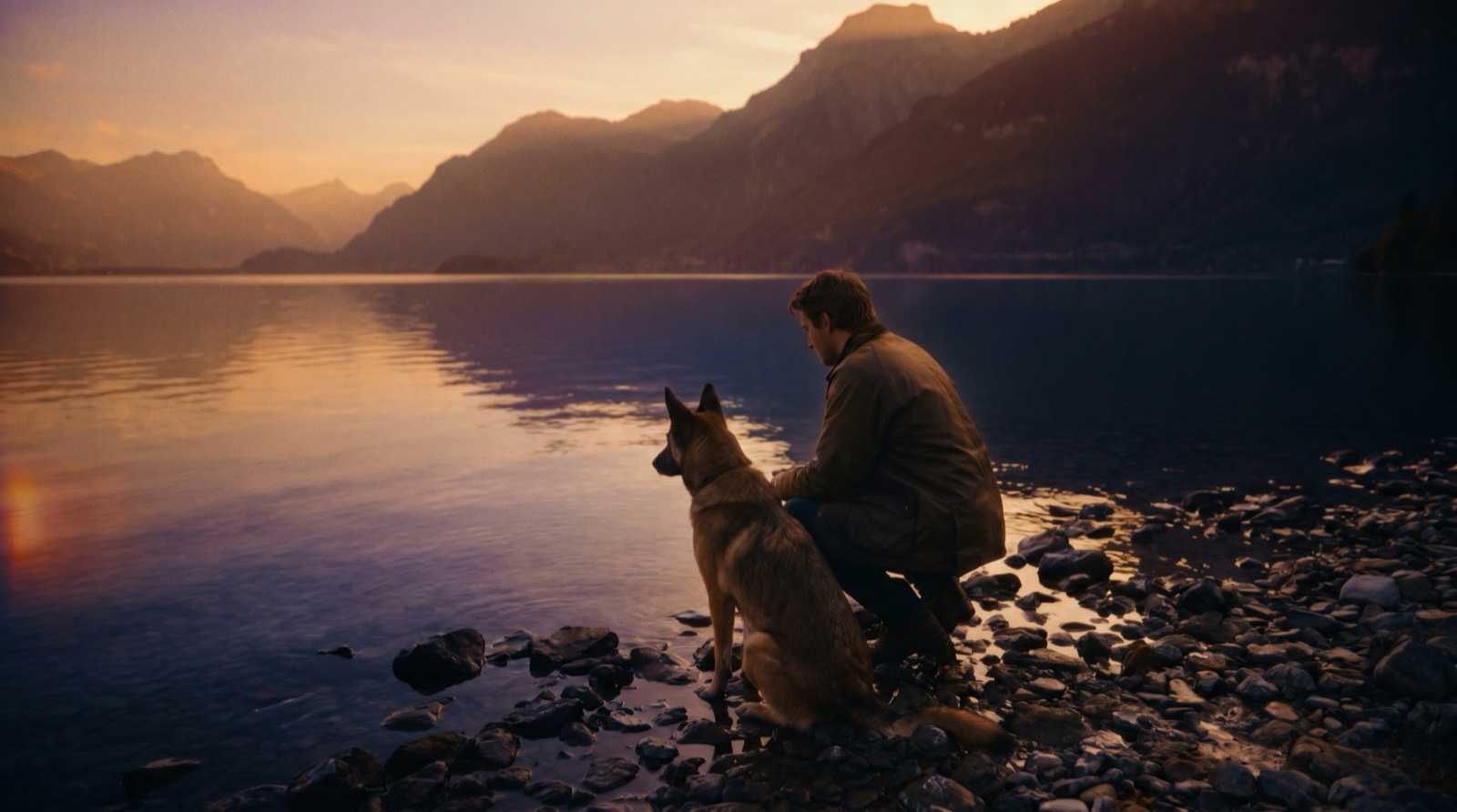 Trainer mit Hund am Schweizer Bergsee in der Abenddämmerung