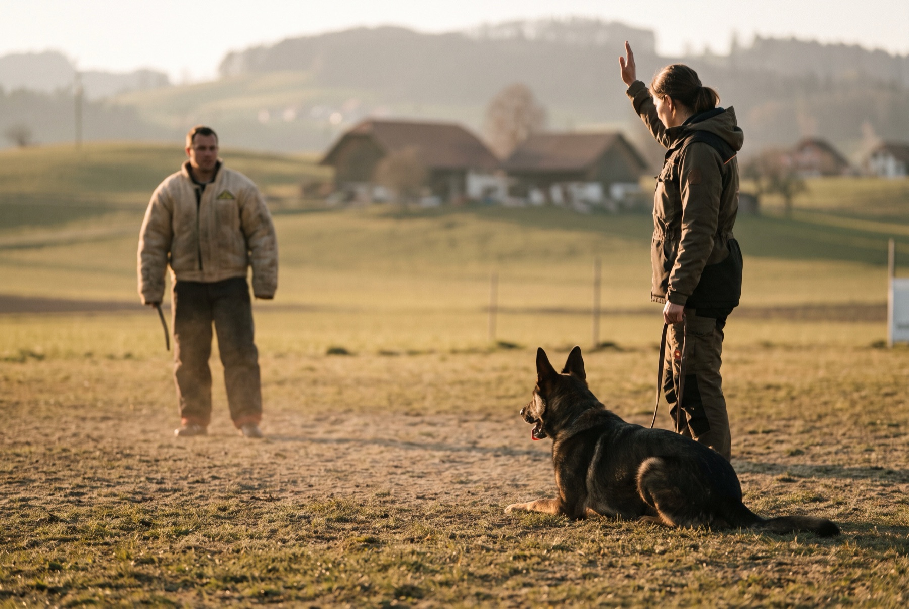 Schutzdienst-Training bei K9 Switzerland: Schäferhund im sicheren Down-Stay, Figurant im Vollschutzanzug in der Distanz