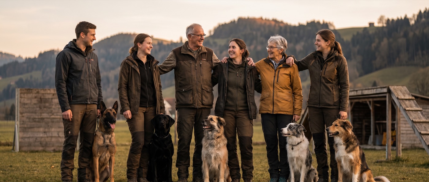 Abschluss und Netzwerk, zertifizierte Hundetrainer mit ihren Hunden in der Natur
