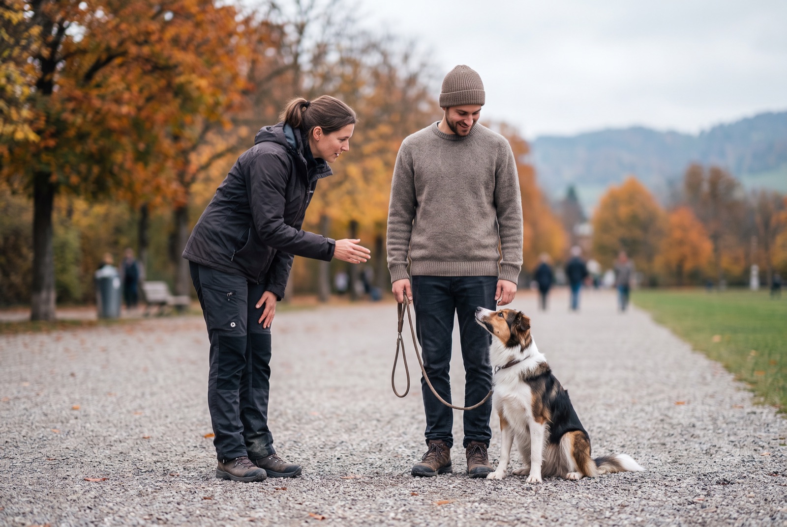 Hundetrainerin erklärt einem Hundehalter im Park die nächste Übung, sein Hund sitzt aufmerksam daneben
