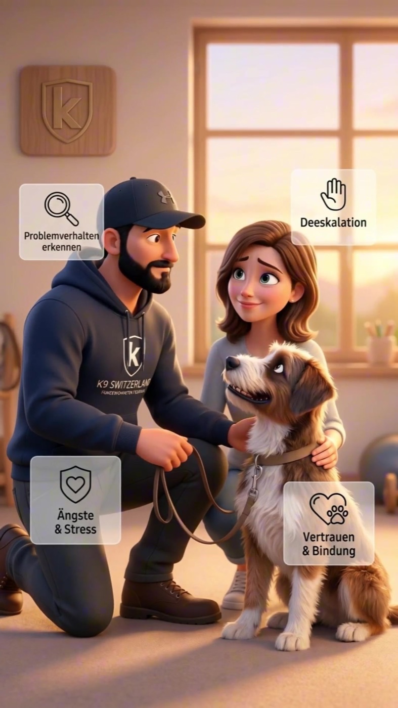 Trainerin und Trainer von K9 Switzerland arbeiten mit einem Hund